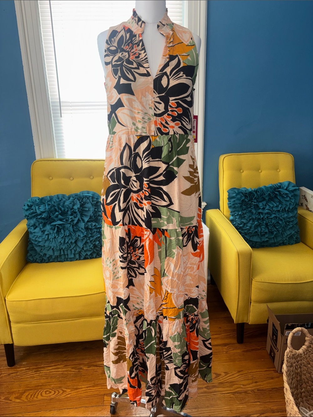 Sleeveless Floral Tiered Maxi Dress - Peach/Black/Green